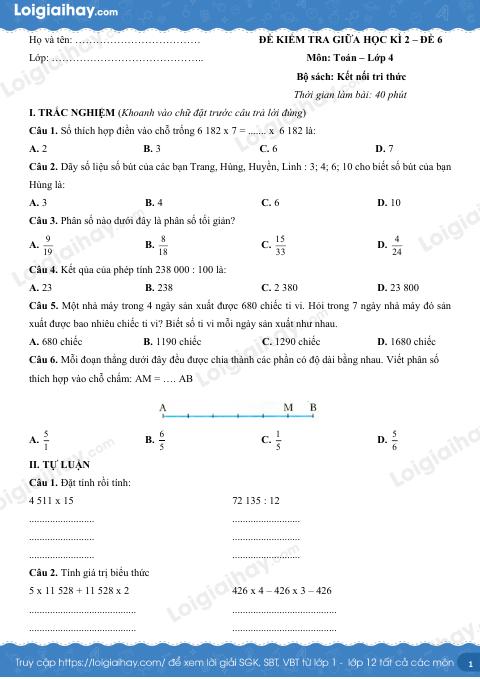 Đề kiểm tra giữa học kì 2 Toán 4 Kết nối tri thức - Đề số 6